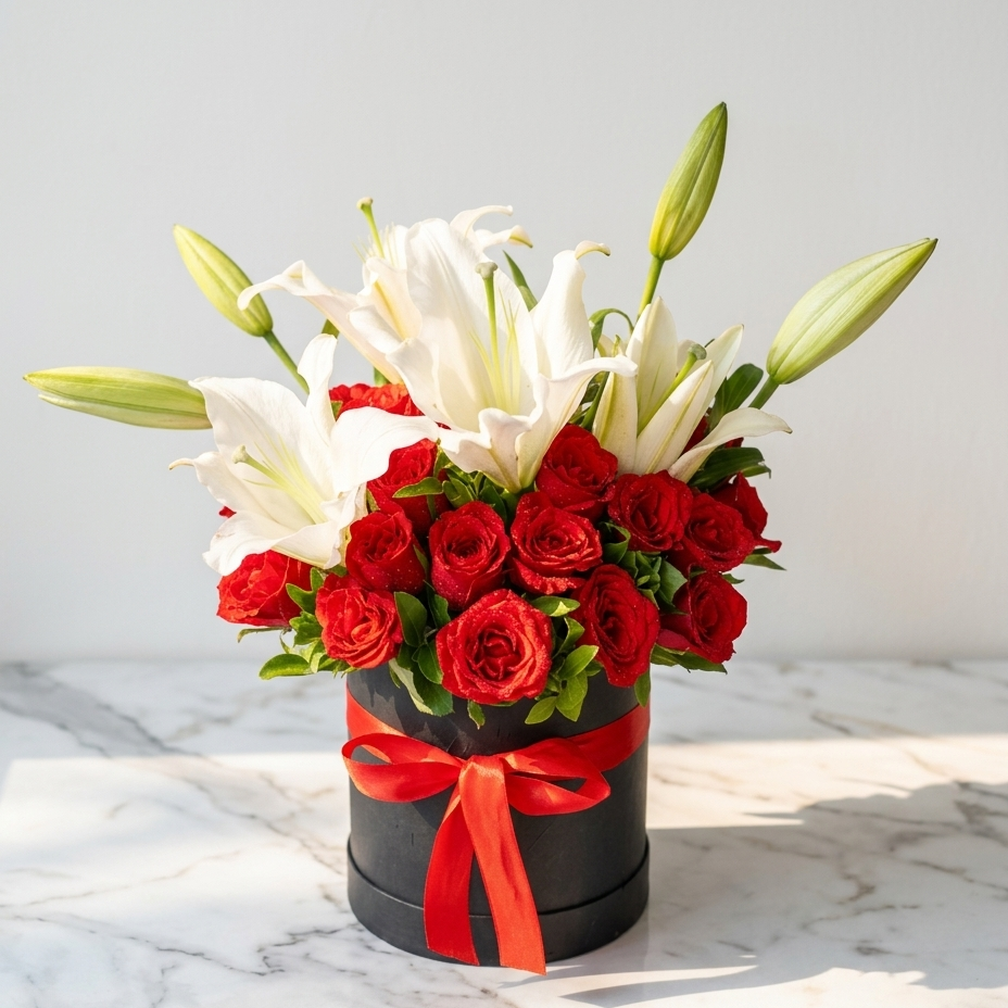 Red Roses and White Lilies Bouquet with Green Leaves