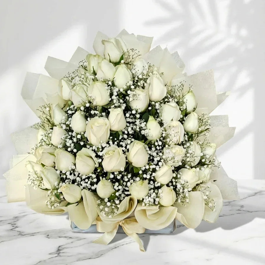 White Rose and Gypso Box Arrangement - atfleurs