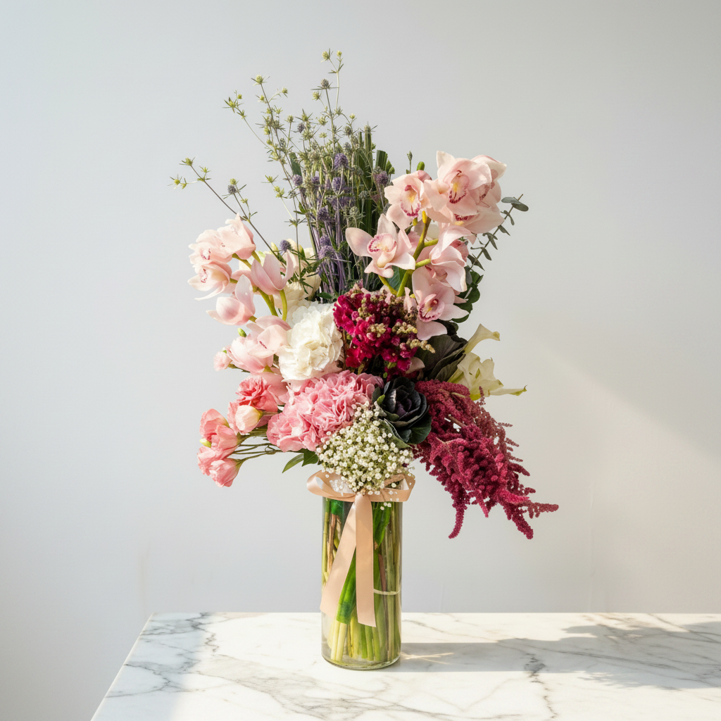 Pink Cymbidium Orchid Bouquet with Baby’s Breath