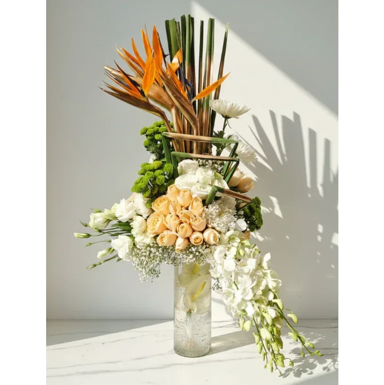 Bird of Paradise and Peach Rose Bouquet with Greenery - atfleurs