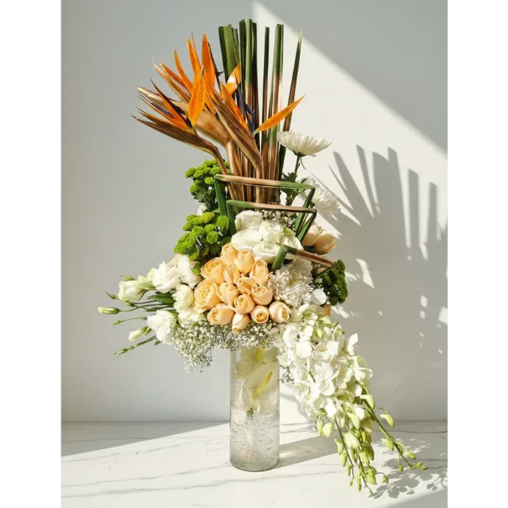 Bird of Paradise and Peach Rose Bouquet with Greenery - atfleurs