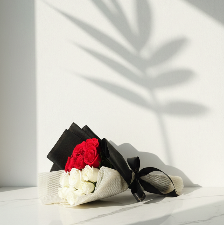 Red & White Roses in Chic Mono Wrap