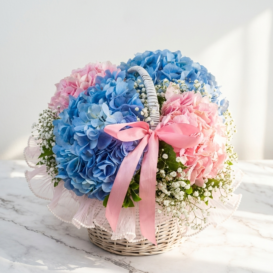 Hydrangea Basket Bouquet with Baby’s Breath