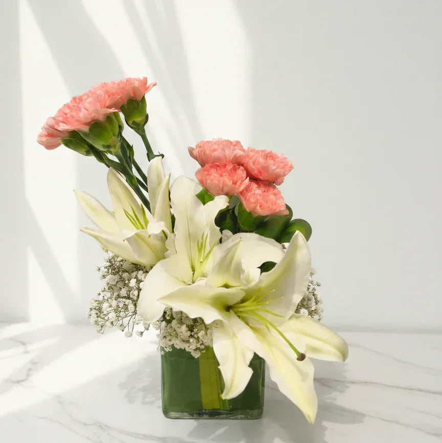 White Lilies & Carnations Bouquet with Baby’s Breath - atfleurs