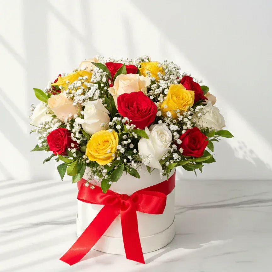 Red, White & Yellow Roses Bouquet with Baby’s Breath - atfleurs