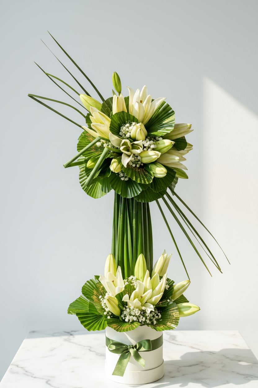 White Lily Bouquet with Palm Leaves