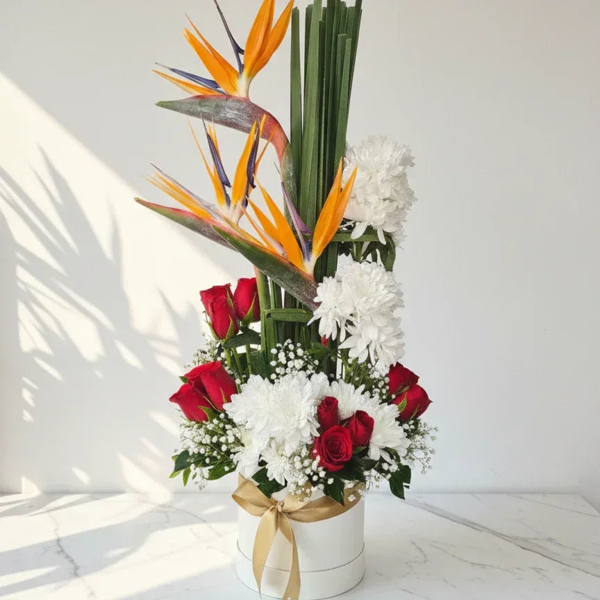 Birds of Paradise Bouquet with Red Roses - atfleurs