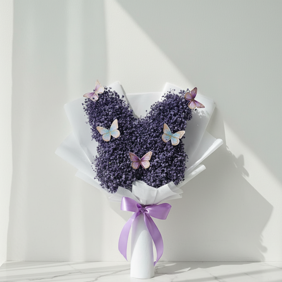 Bouquet shaped like a dress with purple flowers and butterflies, tied with a purple ribbon on a white background.