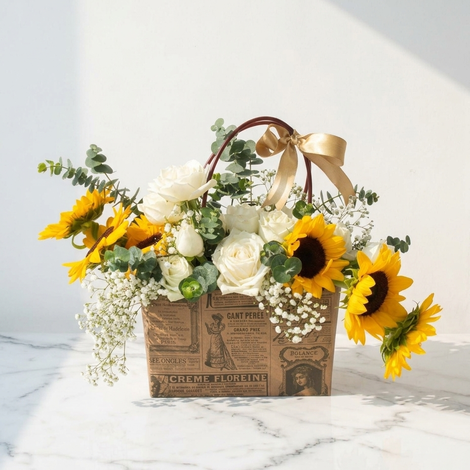 Sunflower Handbag Bouquet with White Roses