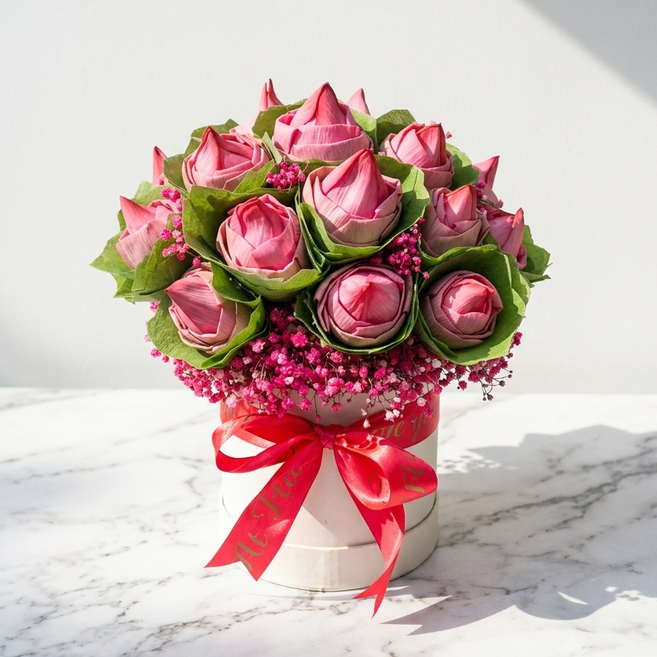 Pink Lotus Bouquet with Baby’s Breath