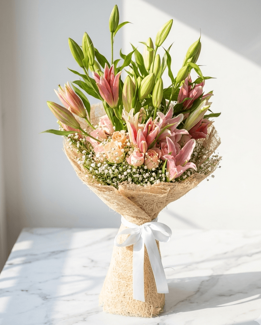 Pink Lily Bouquet with Baby’s Breath