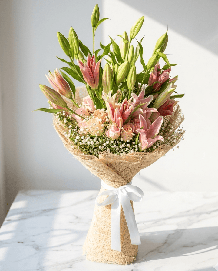 Pink Lily Bouquet with Baby’s Breath
