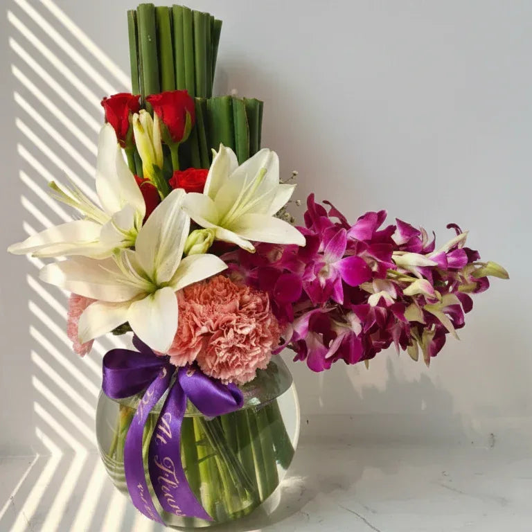 Lily and Orchid Bouquet with Red Roses - atfleurs