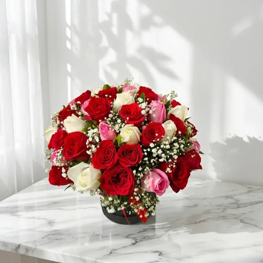Red Pink and White Rose Box Arrangement - atfleurs