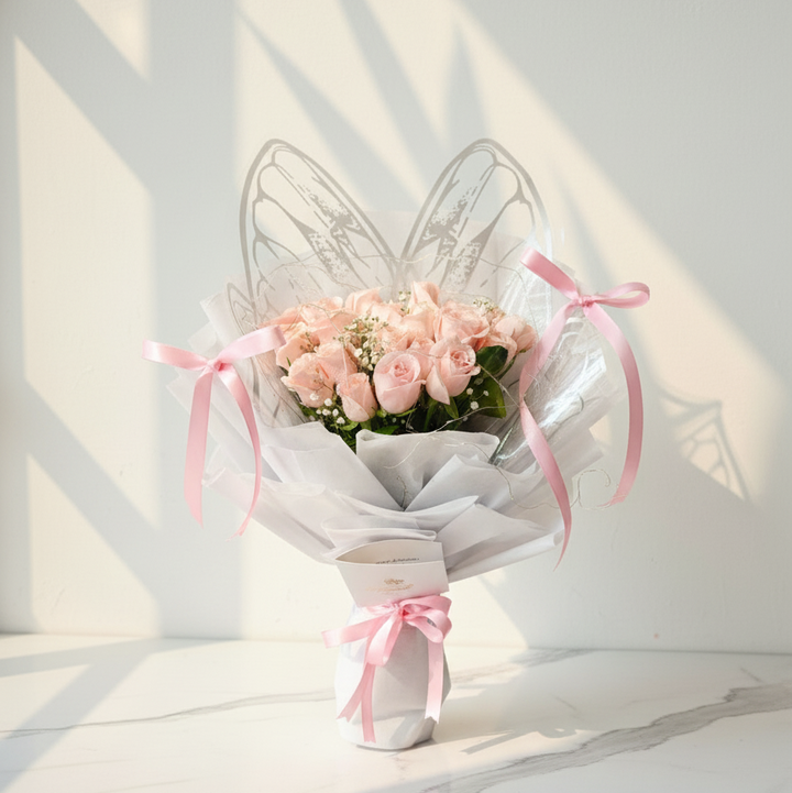 Butterfly Bouquet of Soft Pink Roses with Sheer White Wrap