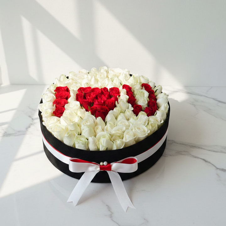 100 Red & White Roses in Velvet Box