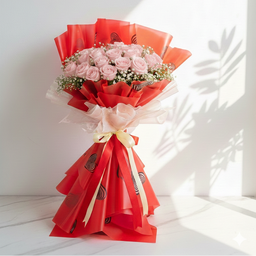 Red Roses Bouquet with Green Leaves