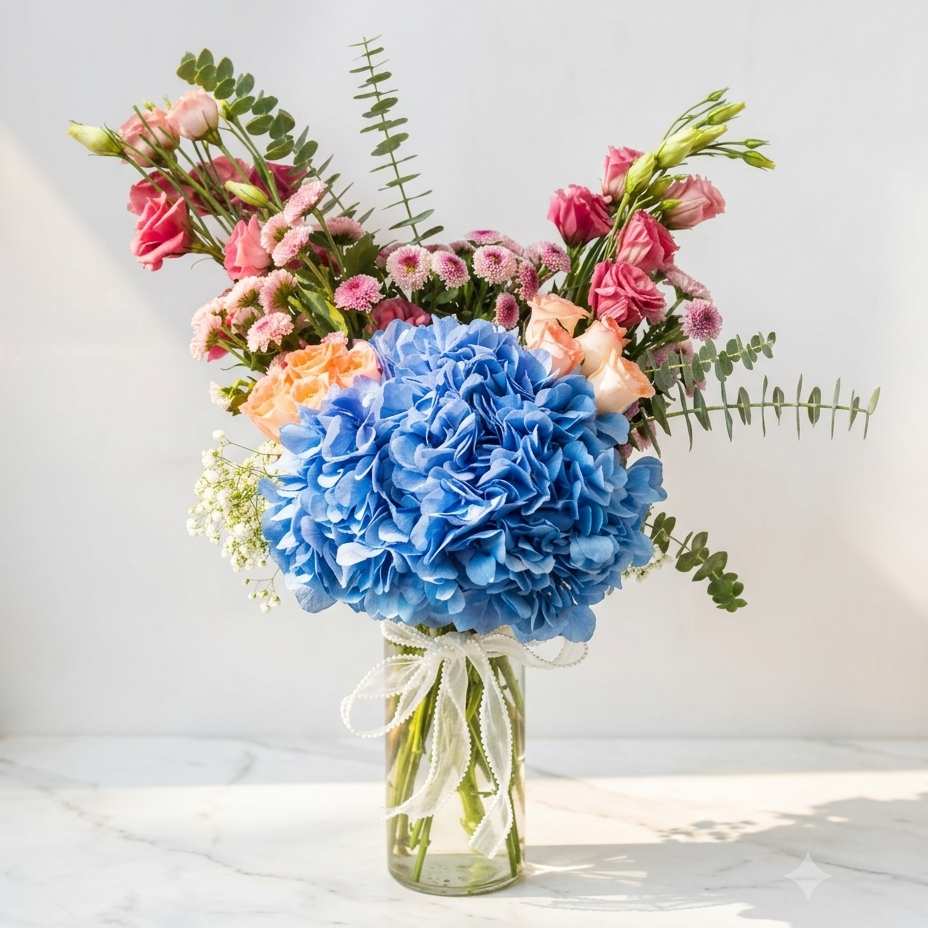 Blue Hydrangea Bouquet with Roses
