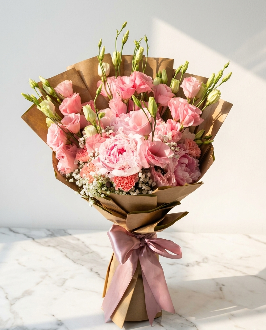 Pink Peony & Lisianthus Bouquet with Baby’s Breath
