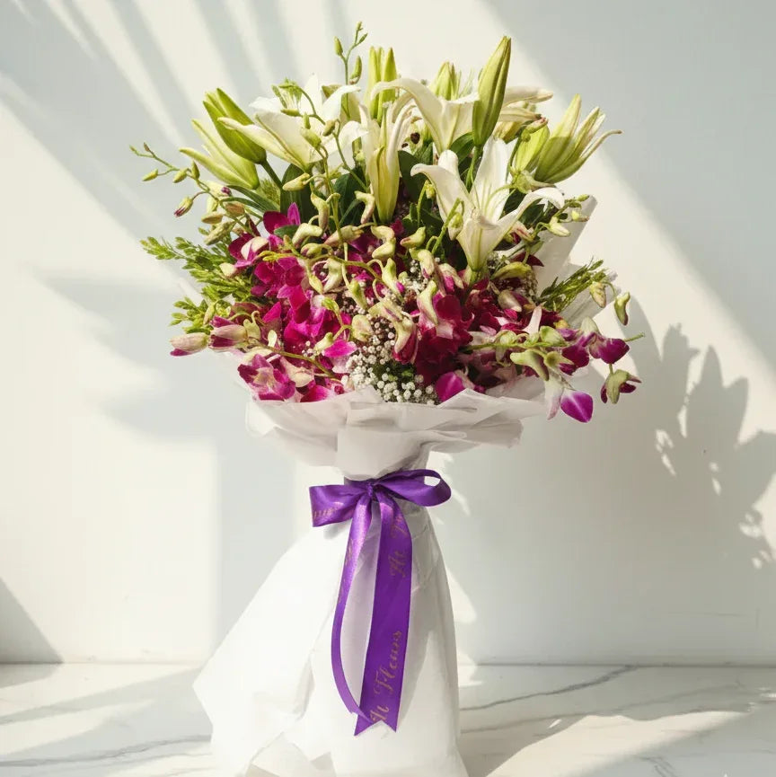 White Lily and Orchid Bouquet with Baby’s Breath - atfleurs