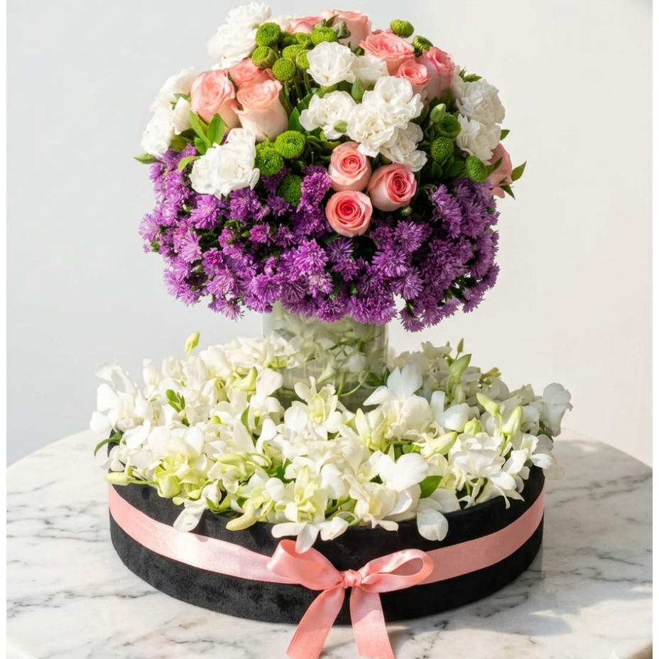 Pink Roses Bouquet with Purple Chrysanthemums