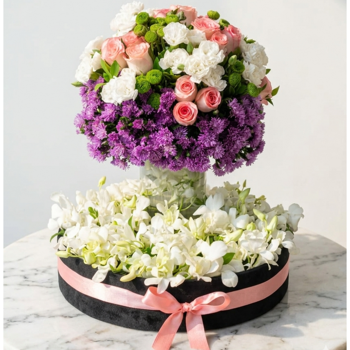 Pink Roses Bouquet with Purple Chrysanthemums