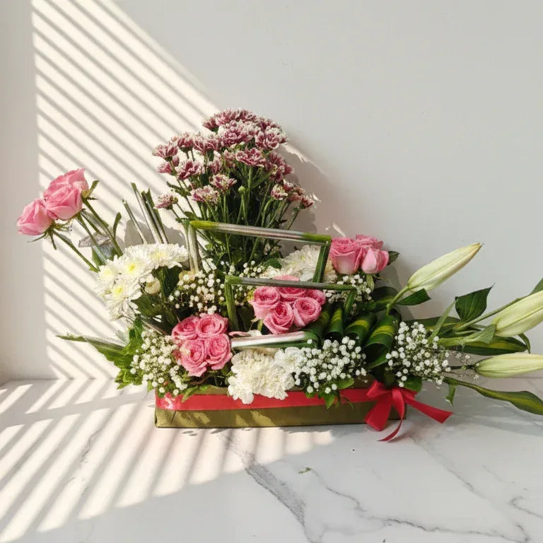 Pink Roses and White Lilies Bouquet with Baby’s Breath - atfleurs