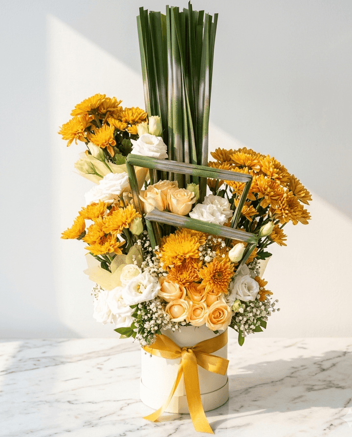 Yellow Chrysanthemum Bouquet with Peach Roses