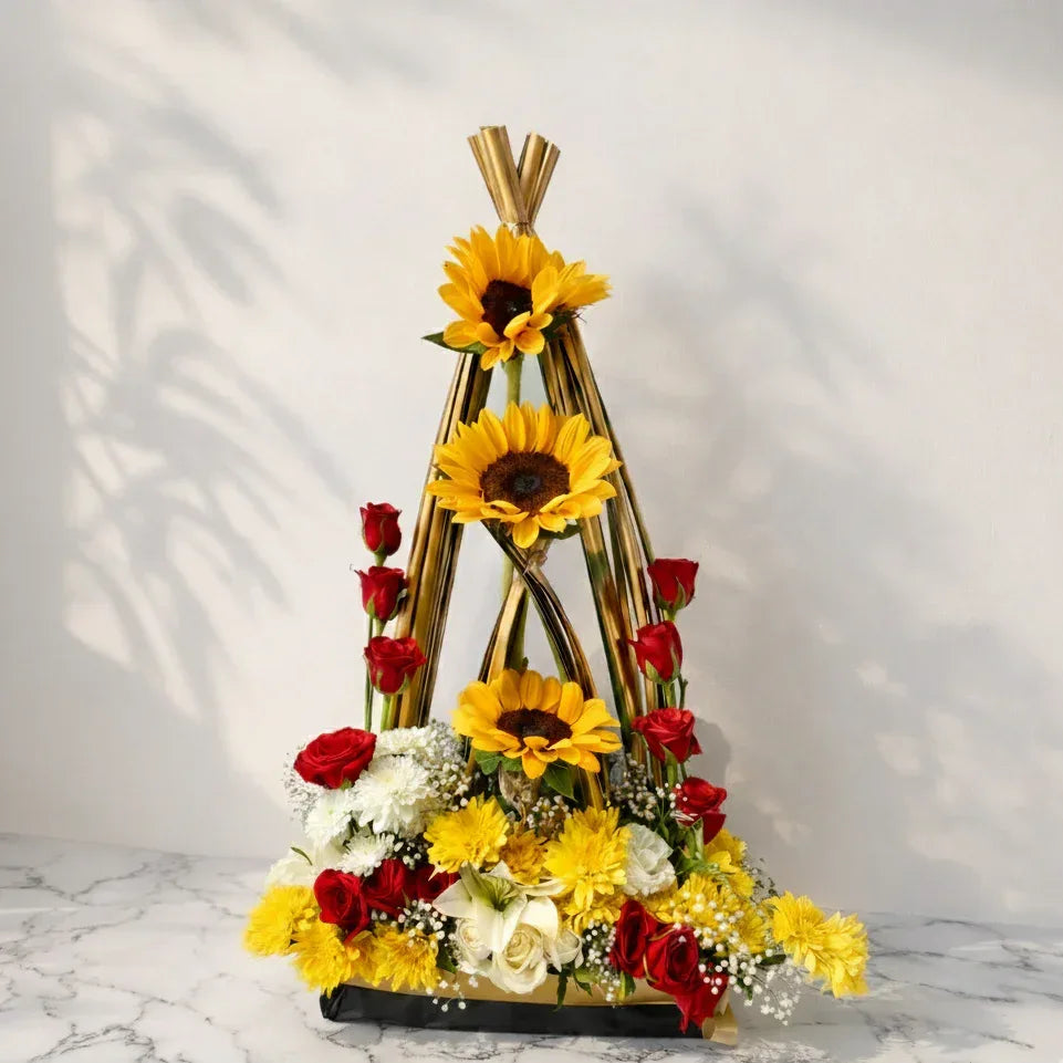 Sunflower Bouquet with Red Roses - atfleurs