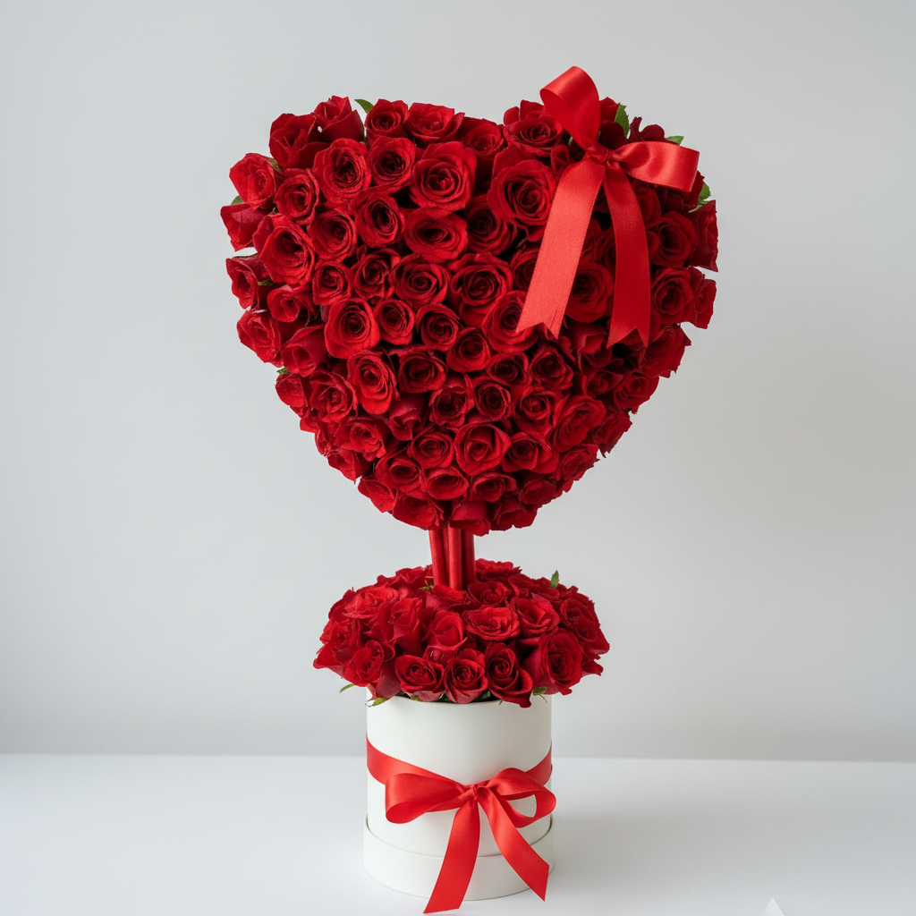 Red Rose Heart Box with Red Roses