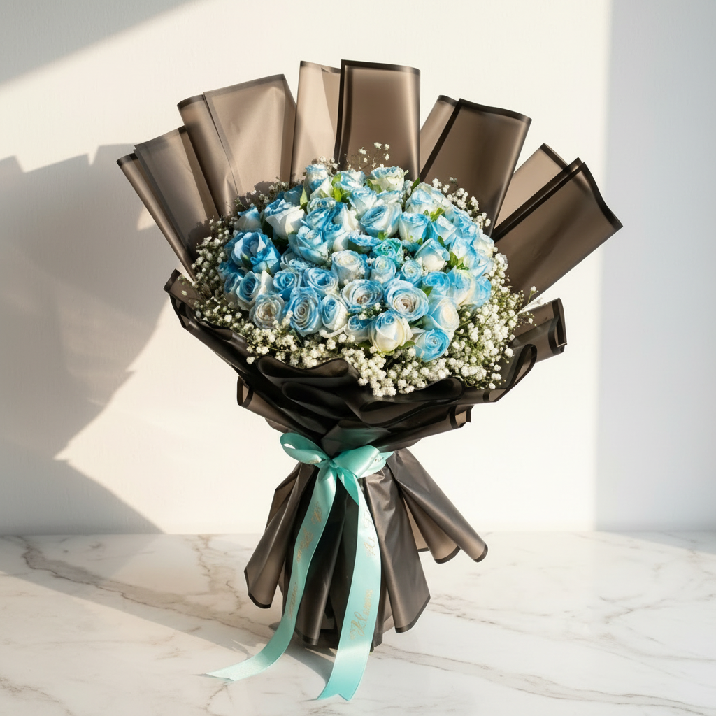 Blue and White Rose Bouquet with Baby’s Breath
