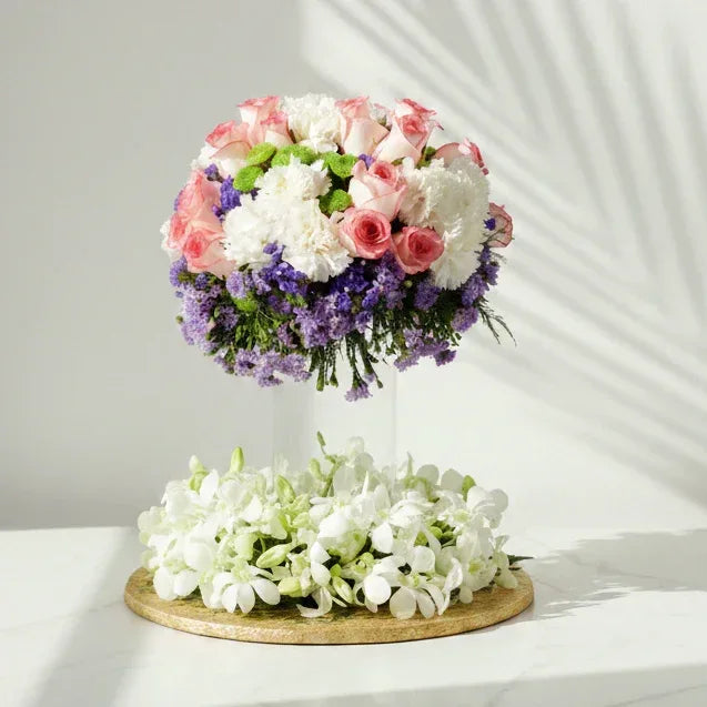 Pink Roses Bouquet with Purple Statice - atfleurs