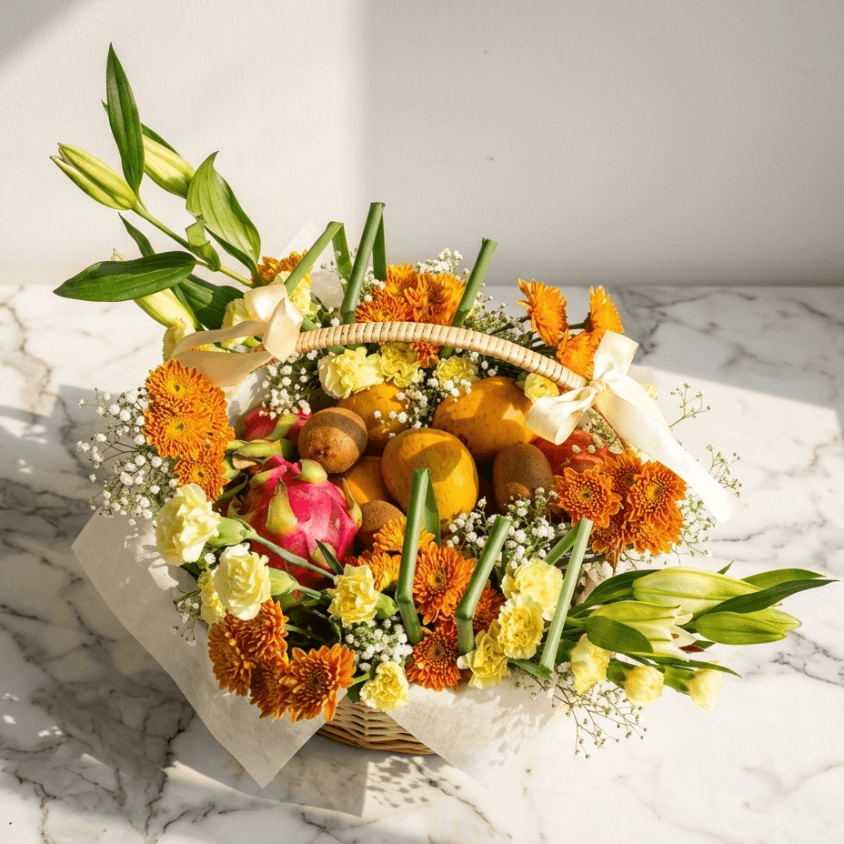 Fruit Basket Arrangement with Lilies and Chrysanthemums