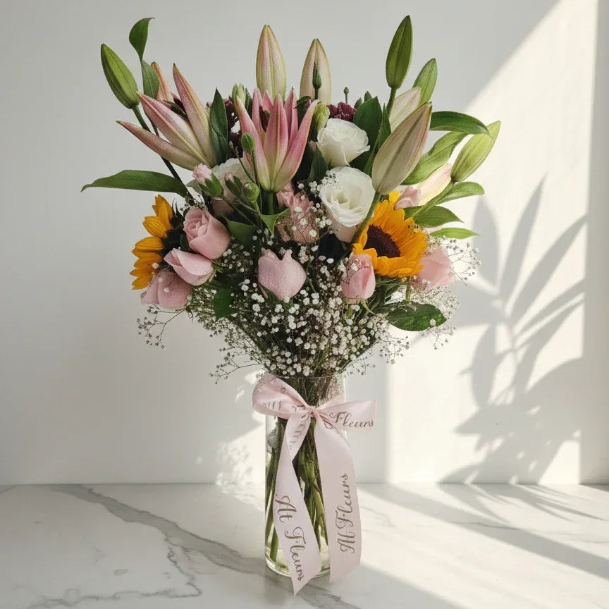 Pink Lilies and Roses Bouquet with Sunflowers - atfleurs