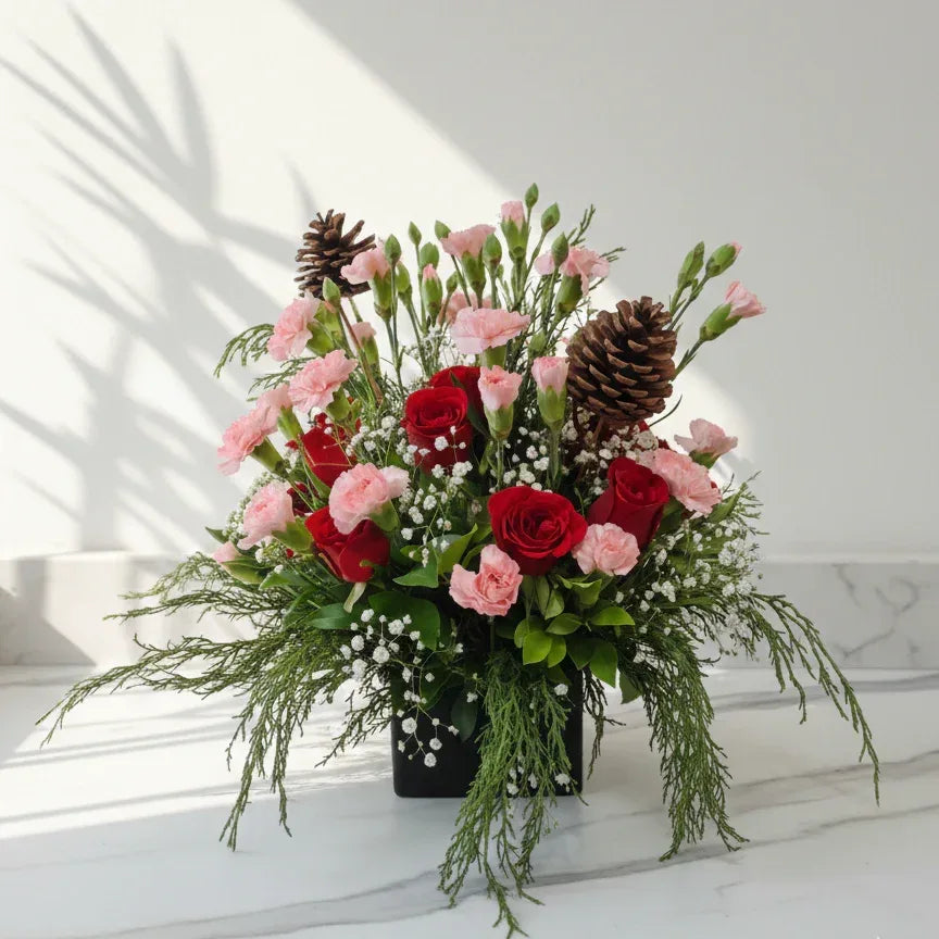 Red Rose and Pink Carnation Festive Arrangement - atfleurs