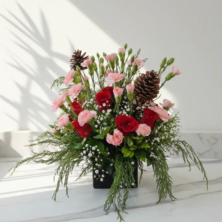 Red Rose and Pink Carnation Festive Arrangement - atfleurs