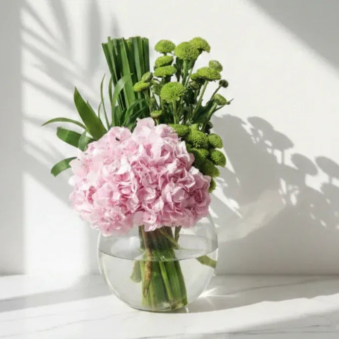 Pink Hydrangea Bouquet with Green Button Chrysanthemums - atfleurs