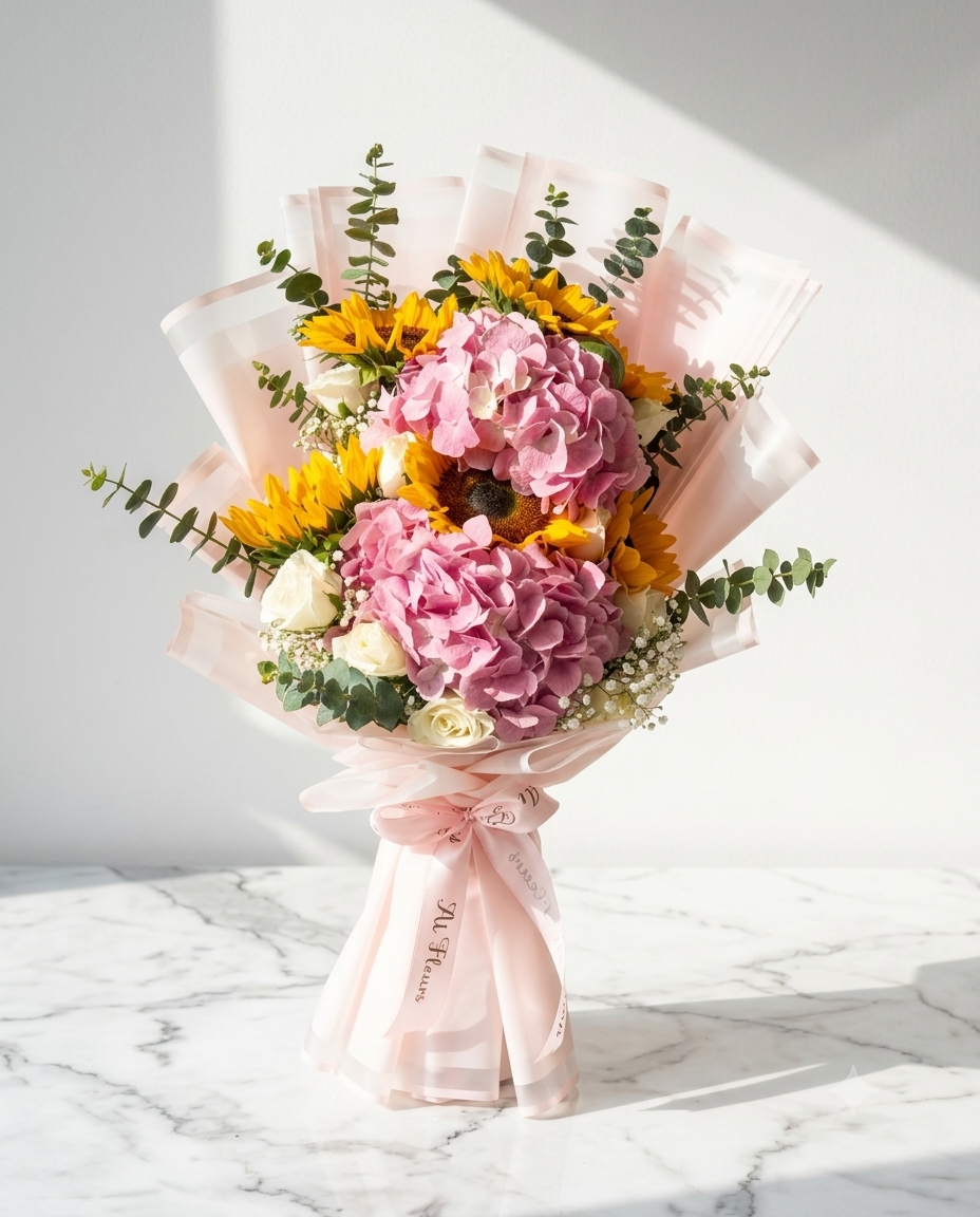 Pink Hydrangea Bouquet with Sunflowers