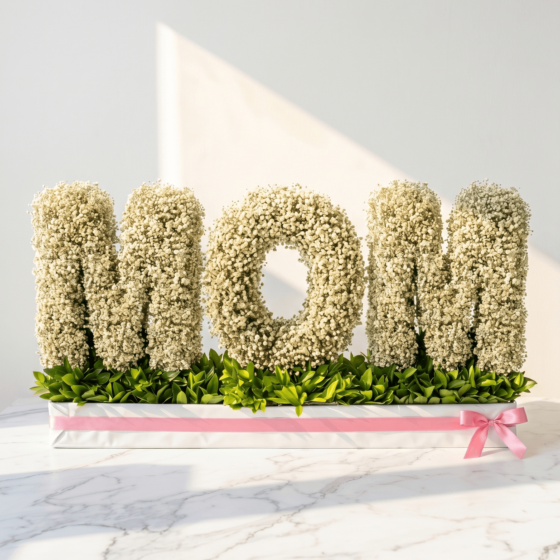 Floral arrangement spelling 'MOM' on a white background