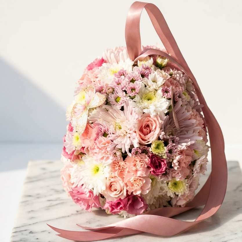 Pink Rose Hand Bag Arrangement with Chrysanthemums