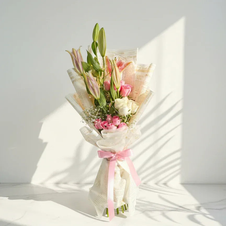 Pink Lilies and Roses in Newspaper Wrap - atfleurs
