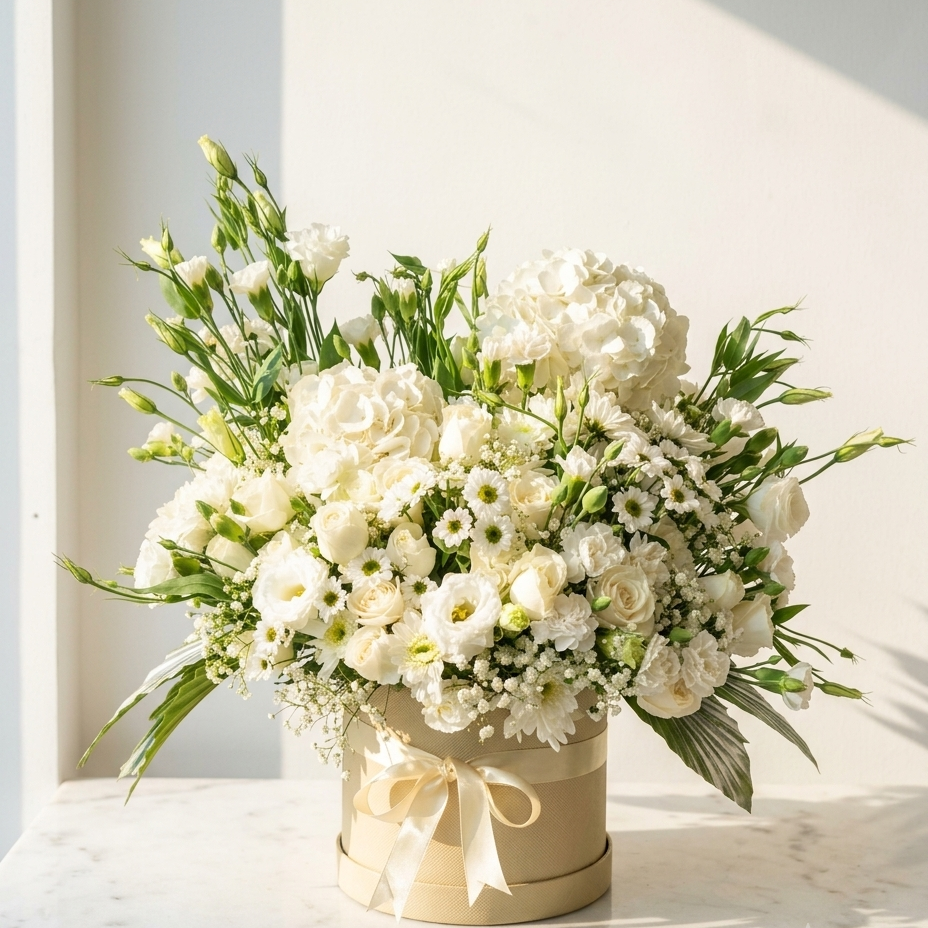 White Bloom Box Arrangement | Fresh Roses & Seasonal Whites | AtFleurs