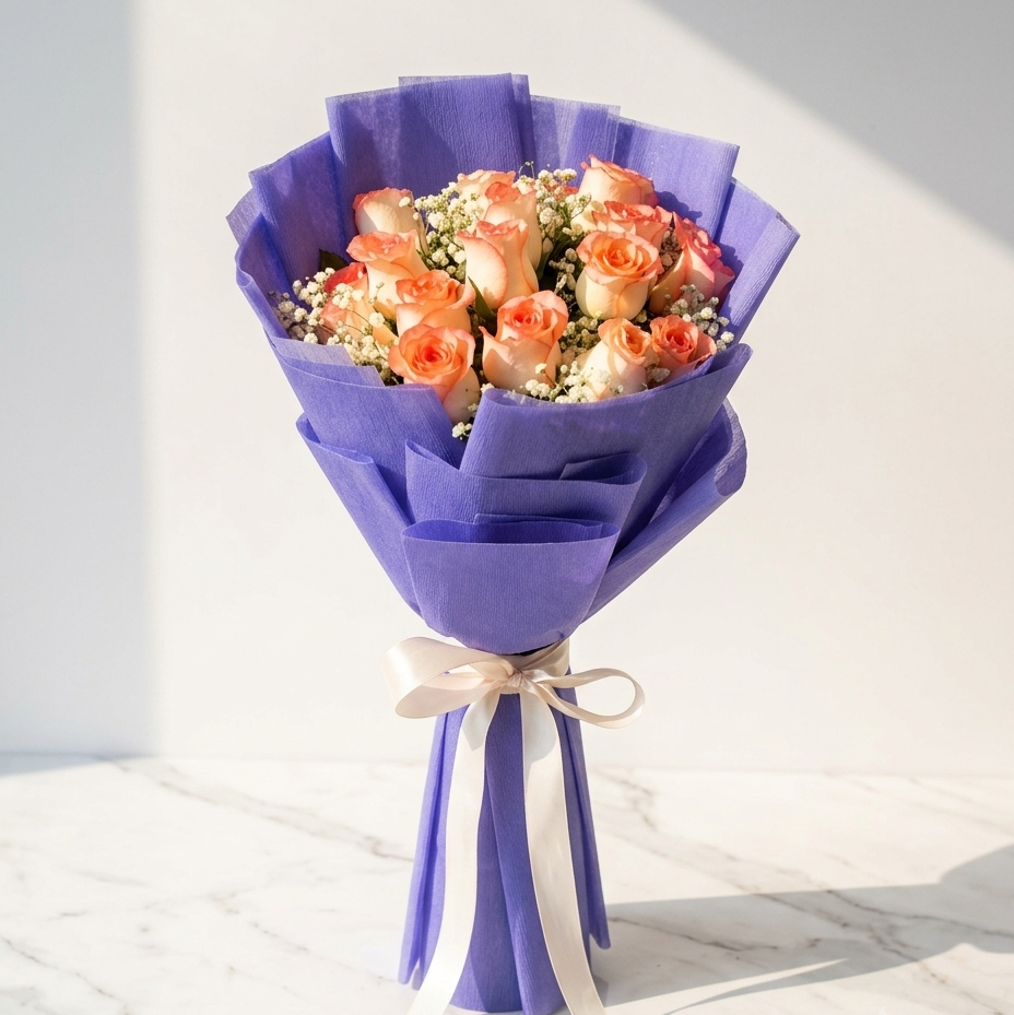 Peach Rose Bouquet with Baby's Breath