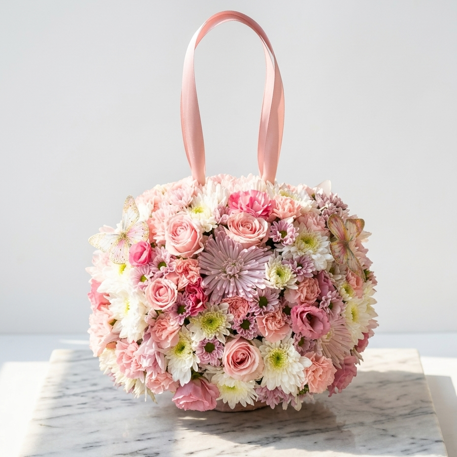 Pink Rose Hand Bag Arrangement with Chrysanthemums