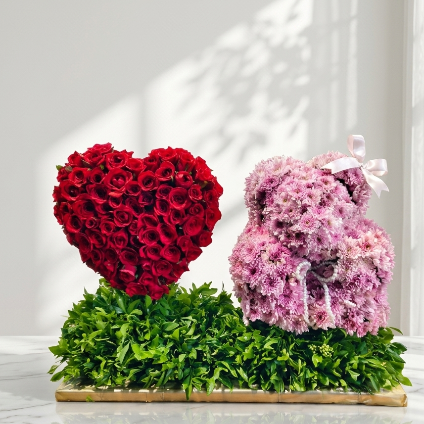 Red Roses Heart and Chrysanthemum Teddy with Greenery
