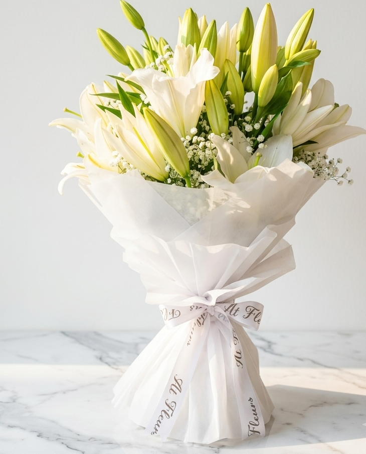 A bouquet of white lilies with green stems and buds, wrapped in white tissue paper and tied with a white ribbon printed with the text 'Mr. & Mrs.