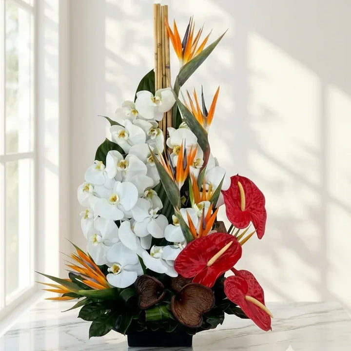 Orchids and Bird of Paradise Bouquet with Anthuriums - atfleurs