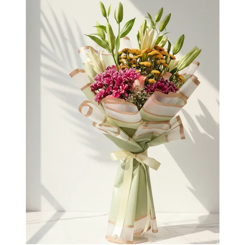Pink Chrysanthemums and Lilies Bouquet with Solidago - atfleurs