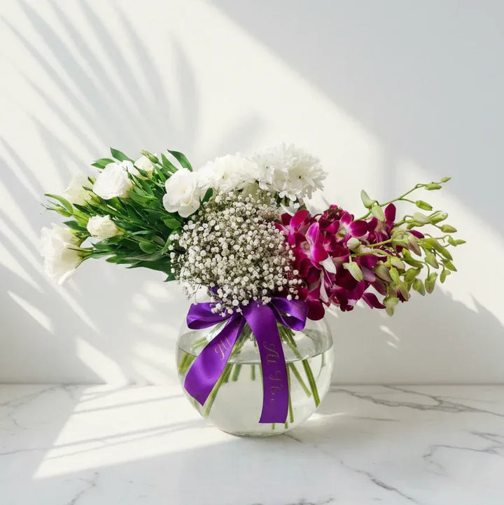 white lily and purple orchid bouquet Purple Orchids Bouquet with White Lilies – atfleurs