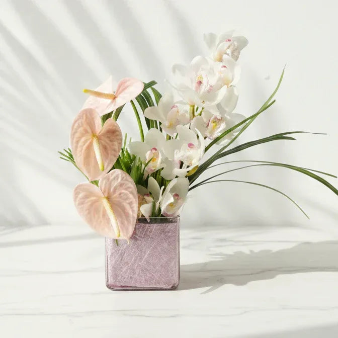 White Orchids Bouquet with Peach Anthuriums - atfleurs